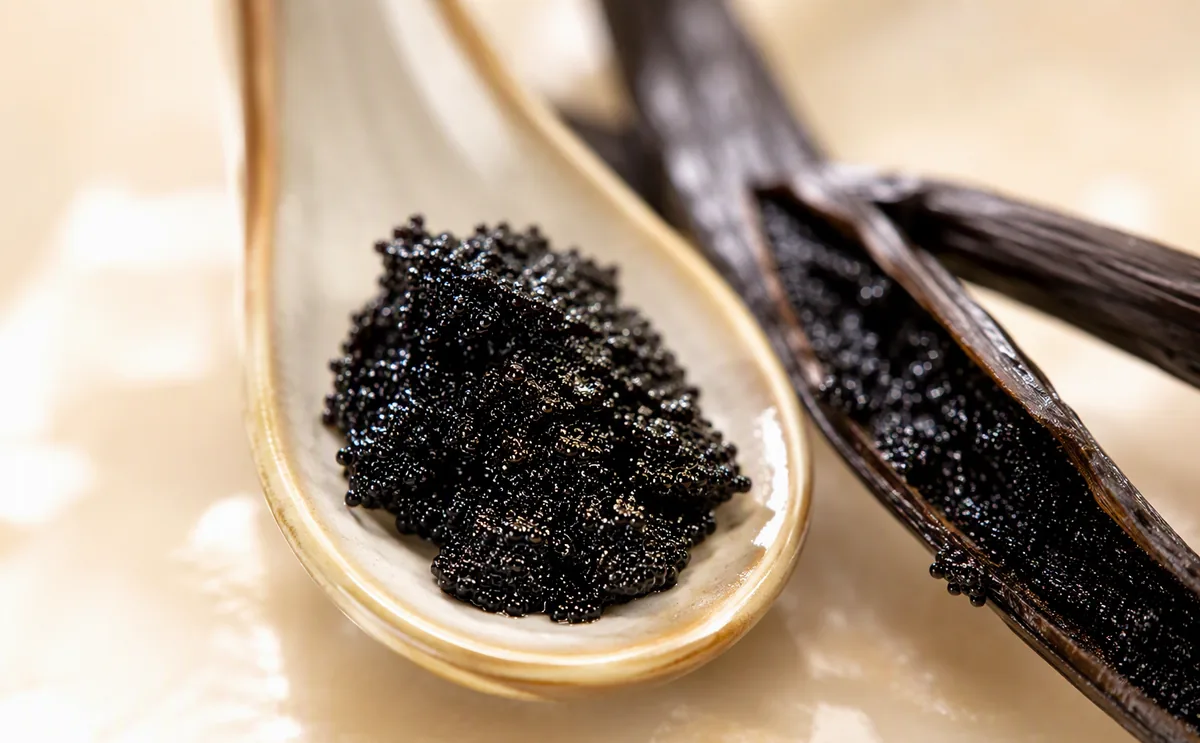 Caviar de Vanille: glossy black seeds extracted from the pod, presented on a spoon